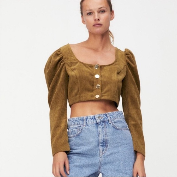 Zara Tan Corduroy Puff Sleeve Crop Blouse - Picture 1 of 12